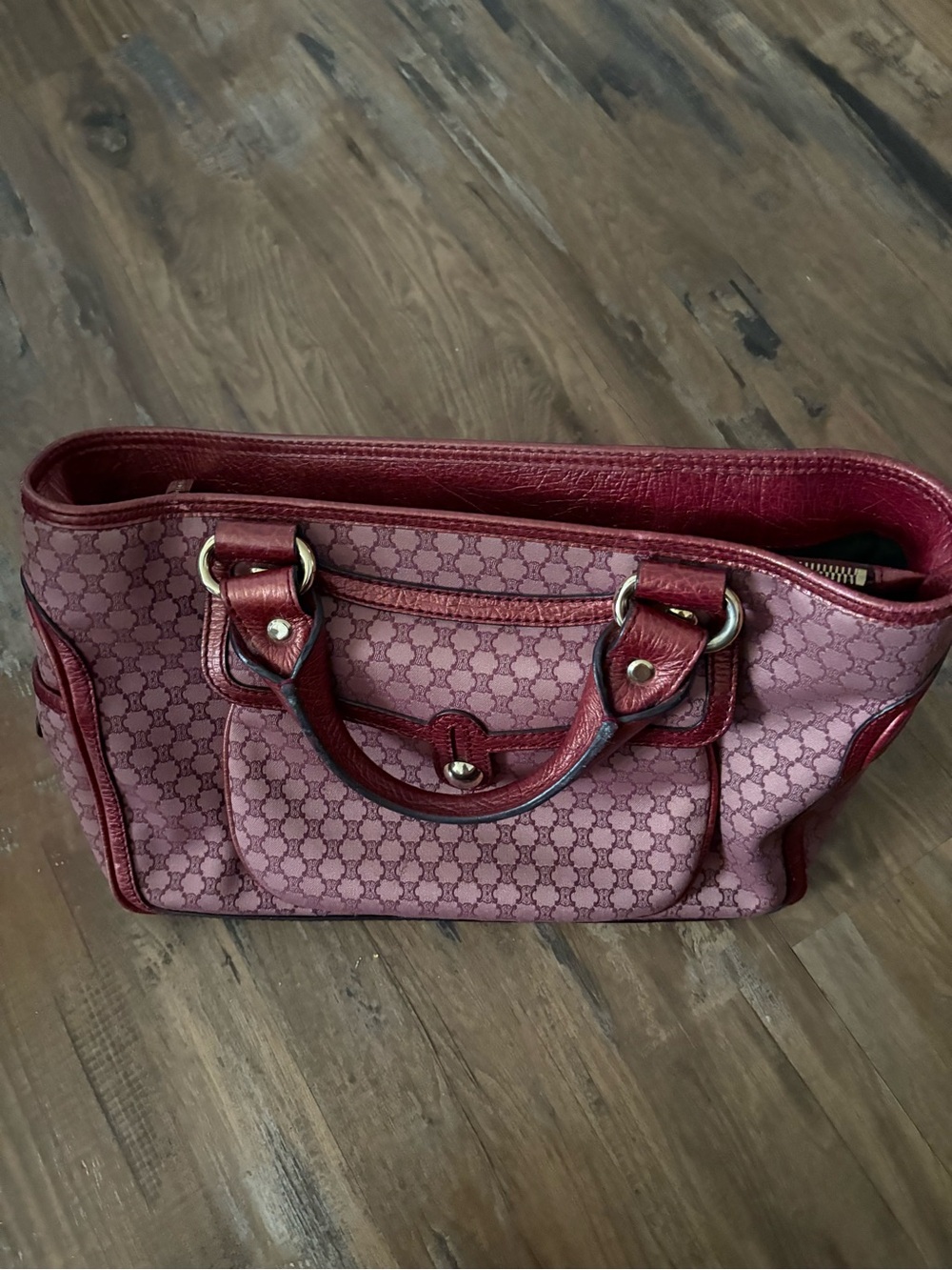Celine Pink Patterned Satchel with Deep Rose Trim